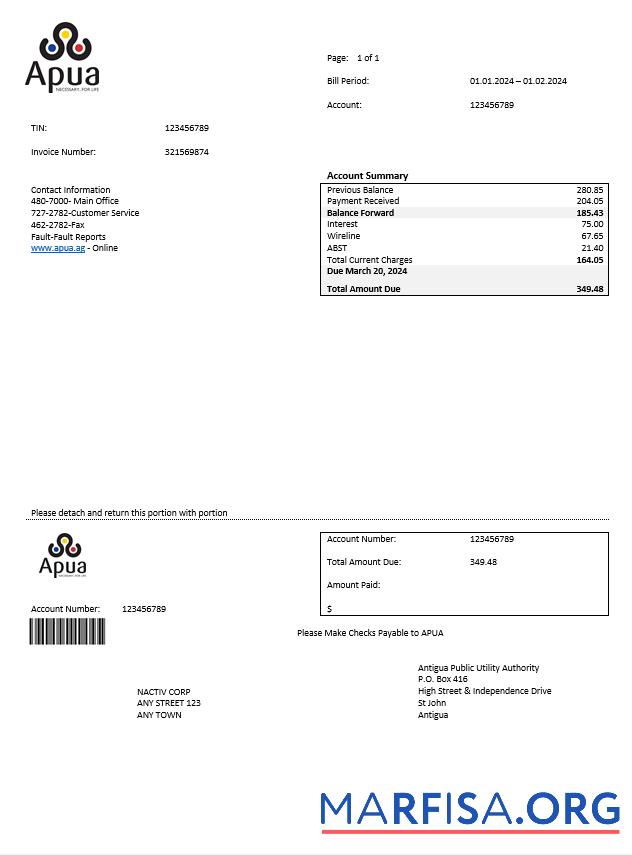 Blank ANTIGUA AND BARBUDA APUA business utility bill Word and PDF template